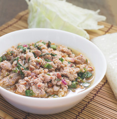 mince pork salad and sticky rice