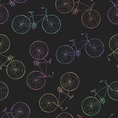 Seamless pattern of vintage bicycles in soft rainbow colors.