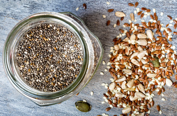 Mixed seeds and a jar of chia seeds