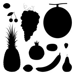 Set of isolated fruits and berries silhouettes included melon, grapes, lemon, pineapple, pomegranate, lime, banana, cherry, strawberry, kiwi and pear.