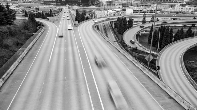 3 Time-Lapse Clips of Downtown Seattle Buildings and Freeway Traffic Black and White