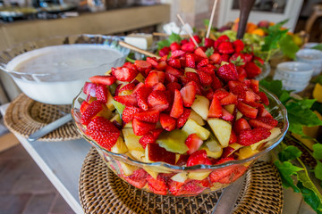 Italian pastries and bread for snacks and breakfast with fruit a