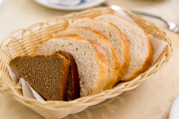 sliced rye and wheat bread in wicker basket
