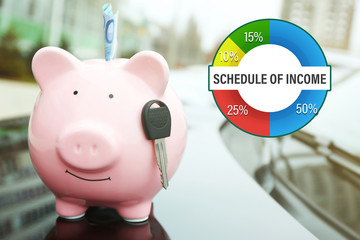 Business accounting concept. Piggy money box with cash and key on car bonnet at the street