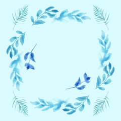Fototapeta na wymiar Gentle watercolor blue branches round. Watercolor springtime flowers set romantic illustrations. Birthday decoration concept. Nature flower border on light blue background.