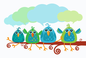 Group Of Birds Chat Communication Sitting on Branch