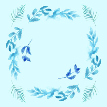 Gentle watercolor blue branches round. Watercolor springtime flowers set romantic illustrations. Birthday decoration concept. Nature flower border on light blue background.