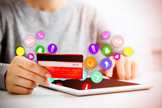 Online shopping.Hands with digital tablet and credit card