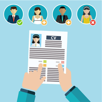 vector illustration concept of human resources management, finding professional staff, head hunter job, employment issue and analyzing personnel resume