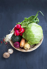 Organic vegetables in basket with salad,radish,onion,avocado and