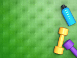 workout concept with colorful dumbbells on green background