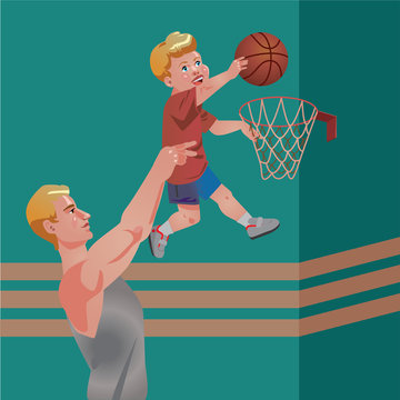 Children sport with parents - basketball. Vector illustration