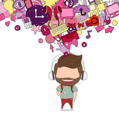 Male teens playing with phone happy template design thinking ide