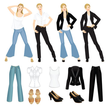 Vector illustration of different look with black suit, blue jeans and white shirt. Girls in casual and formal style of clothes. Various hairstyle. Base wardrobe.