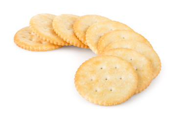 Golden crackers over white background