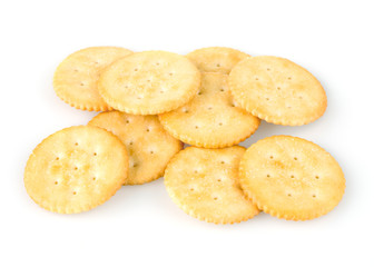 Golden crackers over white background