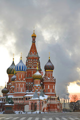 Fototapeta na wymiar St. Basil Cathedral on Red square, (Cathedral of the Protection of the Virgin on the Ditch) in early winter morning. Moscow, Russia