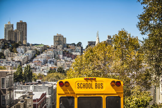 School bus and view of San Francisco streets