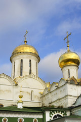 Fototapeta na wymiar Architectural Ensemble of the Trinity Sergius Lavra in Sergiev Posad. Holy Trinity Cathedral with Nikon Chapel (1422 - 1423)