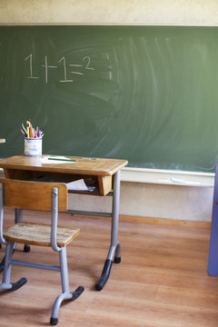 Desk and blackboard with sum