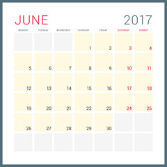 Calendar Planner for 2017 Year. Vector Flat Design Template. June. Week Starts Monday. Stationery Design