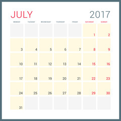 Calendar Planner for 2017 Year. Vector Flat Design Template. July. Week Starts Monday. Stationery Design