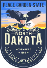 Северная Дакота стилизованная эмблема штата Америки, Орёл на восходе на синем фоне