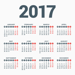 Calendar for 2017 Year on White Background. Week Starts Monday. Simple Vector Template. Stationery Design Template