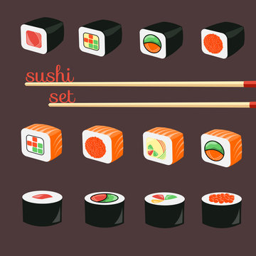 Flat Sushi Icons Set. Set of Japanese Food. Asian Menu
