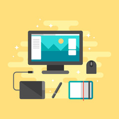 Flat Style Vector Illustration. Workplace for Graphic Designer. Desktop with Graphics Tablet and Sketchbook