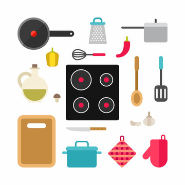 Set of Vector Icons and Illustrations in Flat Style. Kitchen Appliances and Food. Cooking Concept. Cooking Equipment
