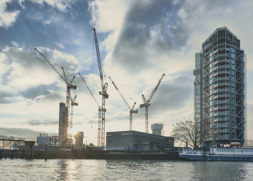 View of apartment block development on the Thames, London, UK