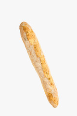 French baguette on a white background with space for text. product of flour. Bread long form. flat location a food on a white background. view from above