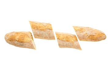 French baguette on a white background with space for text. product of flour. Bread long form. flat location a food on a white background. view from above
