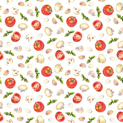 Watercolor painted seamless backdrop with tomatoes, mushrooms, garlic and basil 
