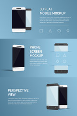 Set of minimalistic 3d isometric illustration cell phone. perspective view. Mockup generic smartphone. Template for infographics or presentation UI design. Concepts graphic design, web banner, print.