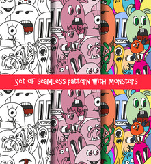 Set of abstract seamless pattern with monsters.