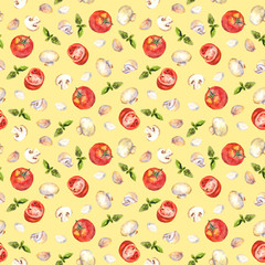 Vintage seamless background with retro drawings of vegetables and mushrooms 