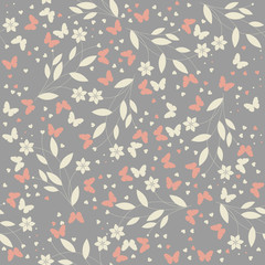 Elegant seamless pattern with colorful butterflies, hearts and f