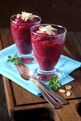 Beetroot mousse with almond petals