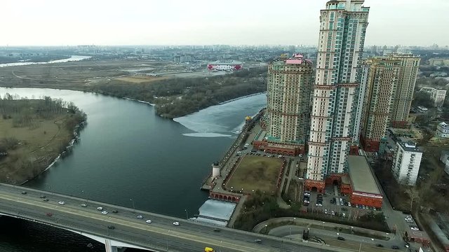 Aerial view of Moscow. Residential complex Alye Parusa over Moskva River. Moscow, Russia.