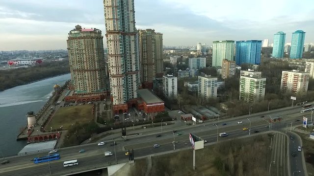 Aerial view of Moscow Shcukino district with residential complex Alye Parusa. Moscow, Russia.