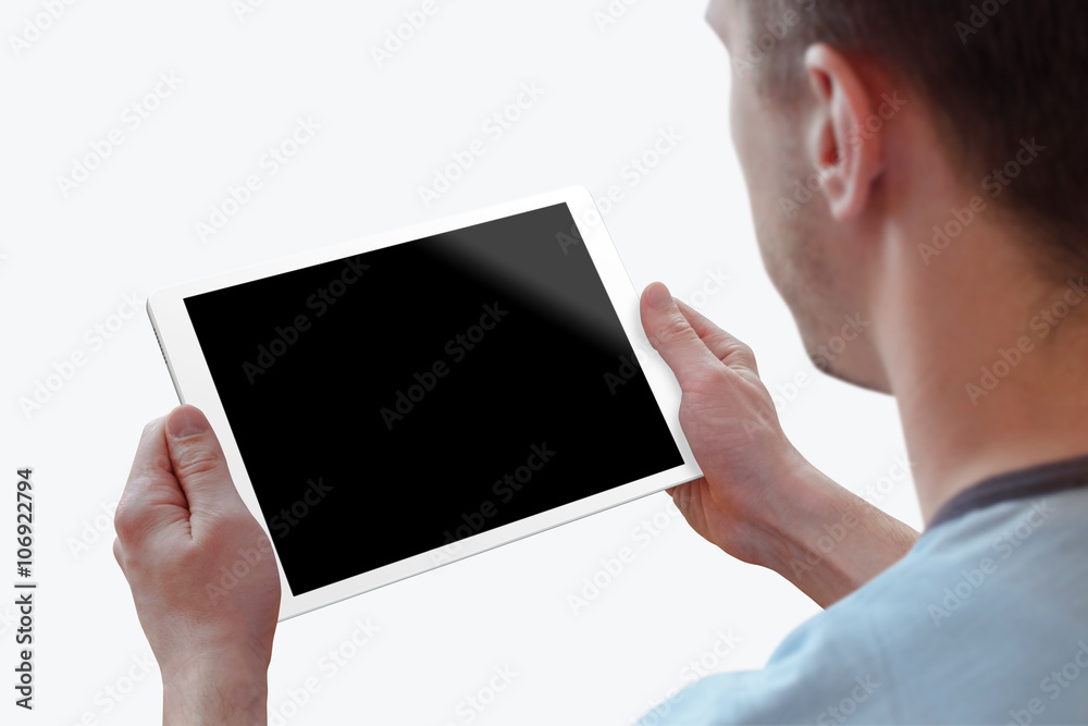 Poster Tablet with isolated screen for mockup in man hands. Isolated white background. Isolated device screen for design, interface promotion.