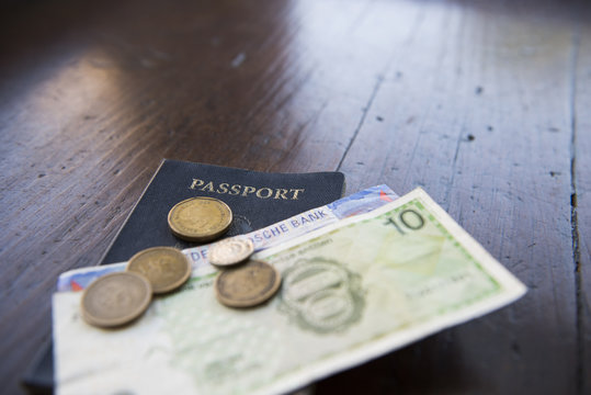 Dutch banknotes, coins and passport