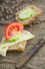 Summer peasant's breakfast in the field. Closeup