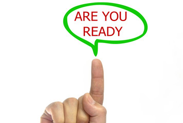 hand writing are you ready talking balloon on a transparent wipe board.