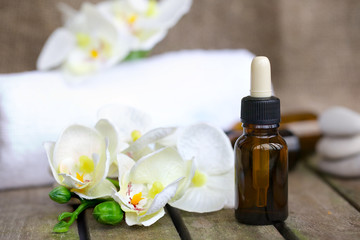 Obraz na płótnie Canvas Dropper bottles pure orchid essential oil. Closeup