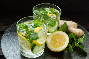 Water with lemon, cucumber, ginger and mint