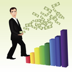 vector image of a man with money climbing on bar graph.