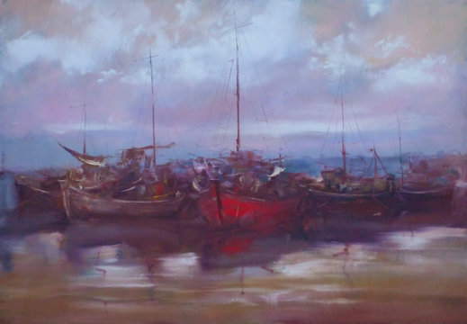 boats moored in the harbor handmade painting